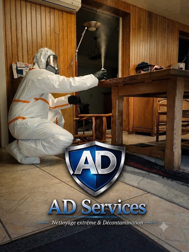 AD Services — technicien en combinaison de protection lors d'une décontamination par nébulisation